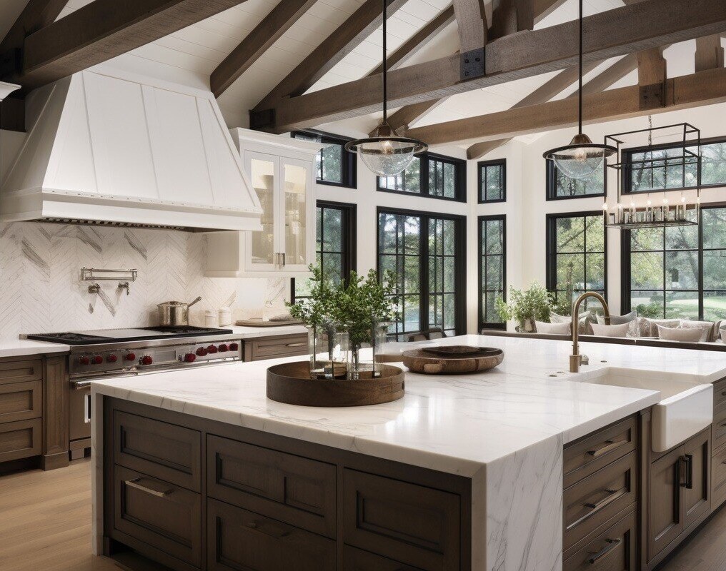 Kitchen with wood beams and white countertops