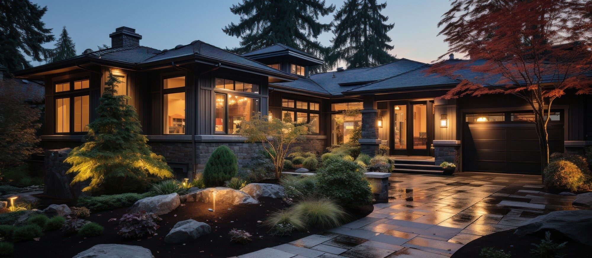 Exterior view of a custom home with dark gray siding and landscaping