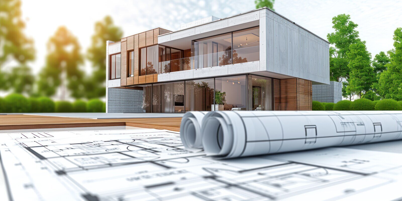 Architectural blueprints in foreground with modern custom home in background, by Truelux Fine Homes, Austin, Texas