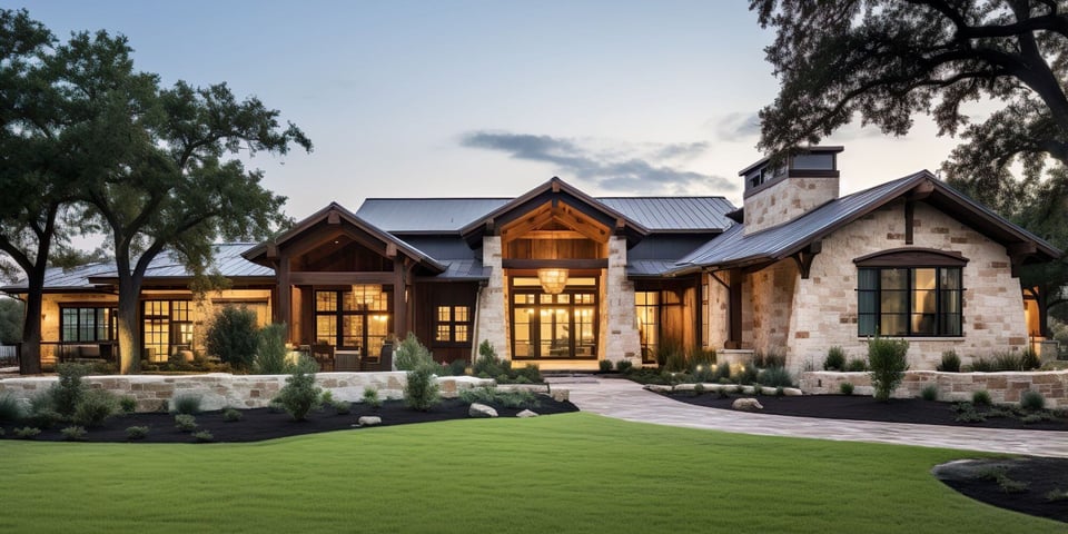 custom home in austin texas with light stone exterior and lit entryway