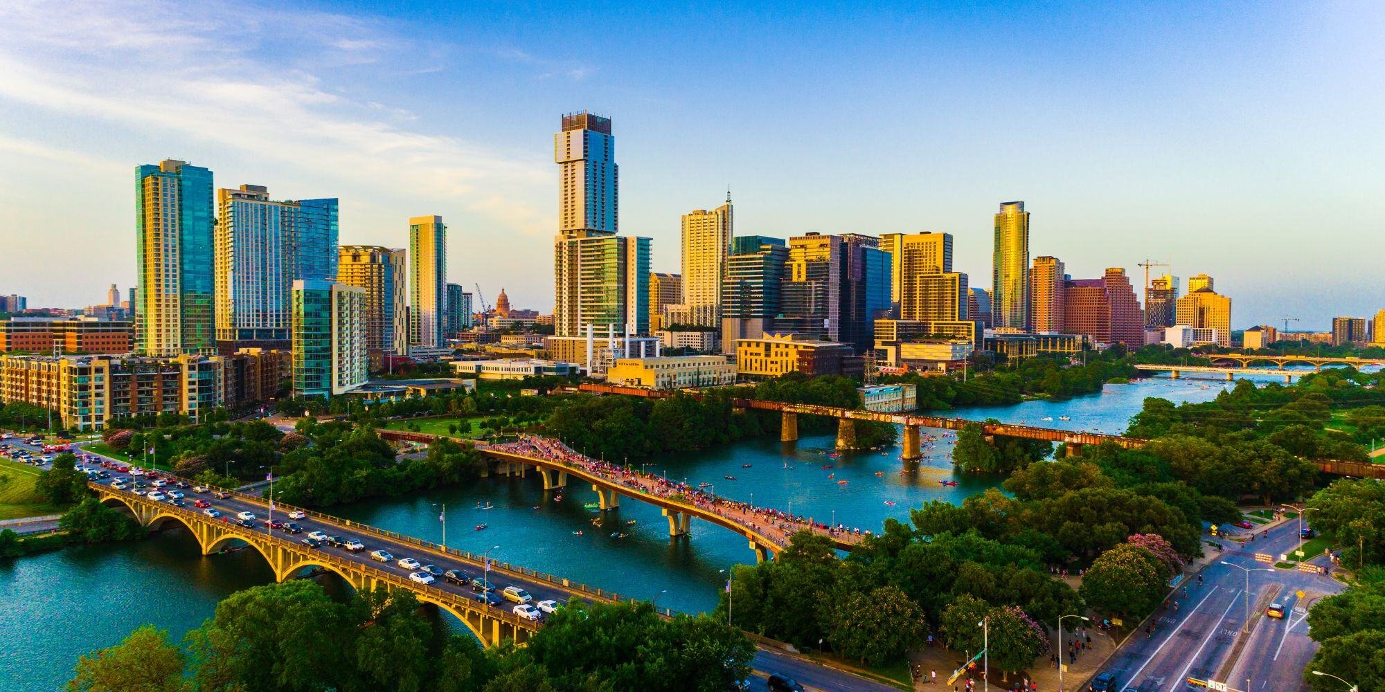 Austin Texas skyline with 3 bridges leading downtown