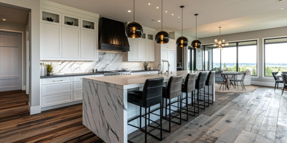 luxury kitchen remodel in austin texas with marble kitchen island, custom lighting, and white cabinetry