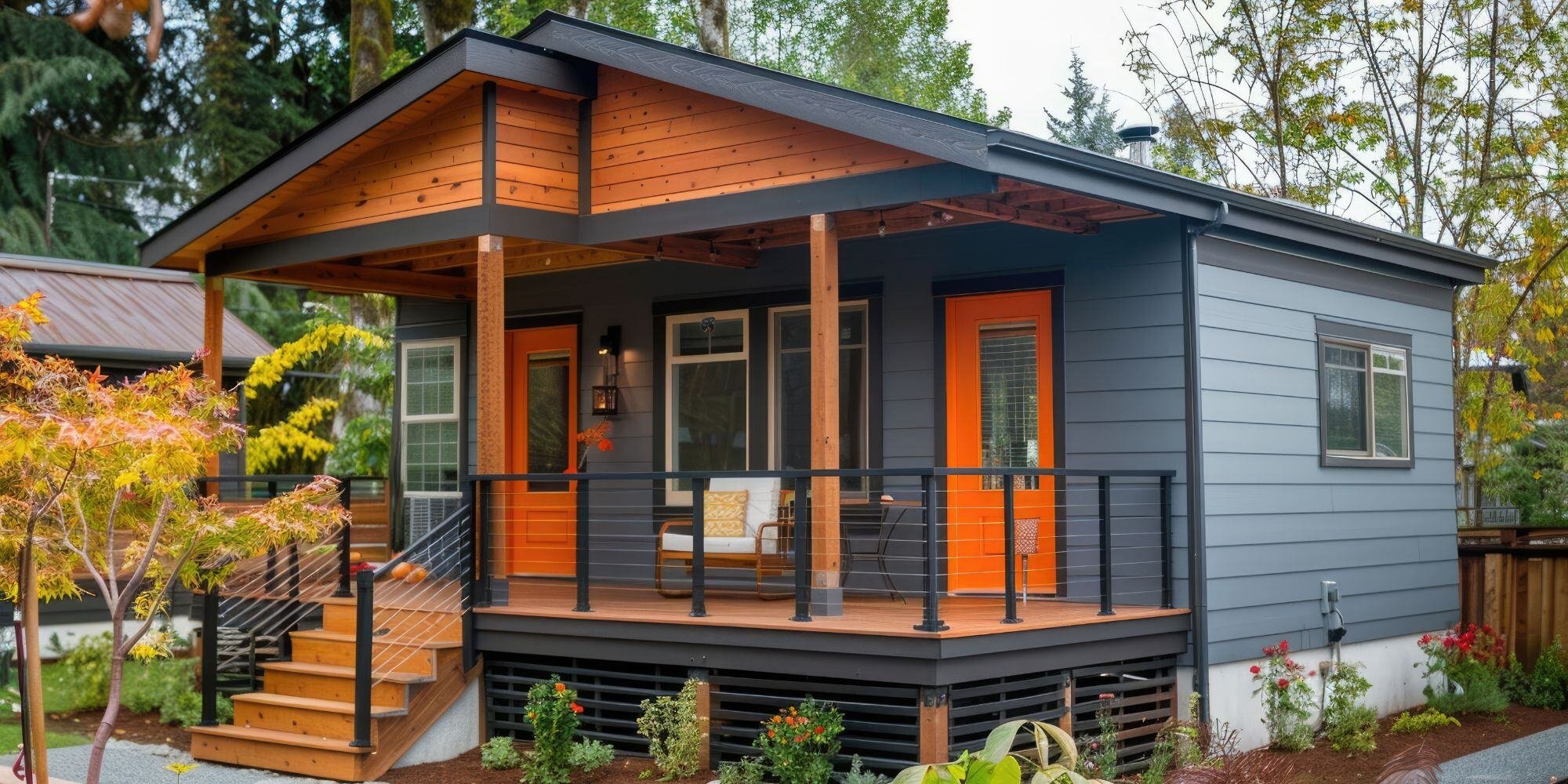 Luxury adu on texas property with orange doors and a dark exterior