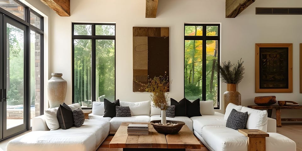 luxury home addition with exposed wooden beams, tall ceilings, and tall black framed windows