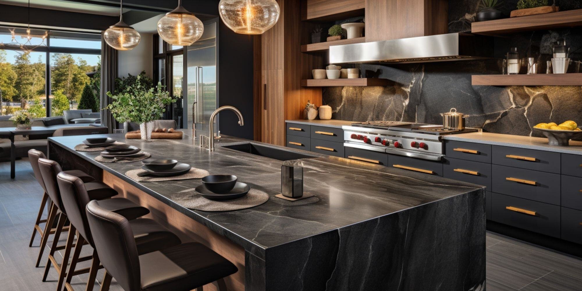 luxury kitchen with dark finishes, custom lighting, kitchen island with seating, and large open layout