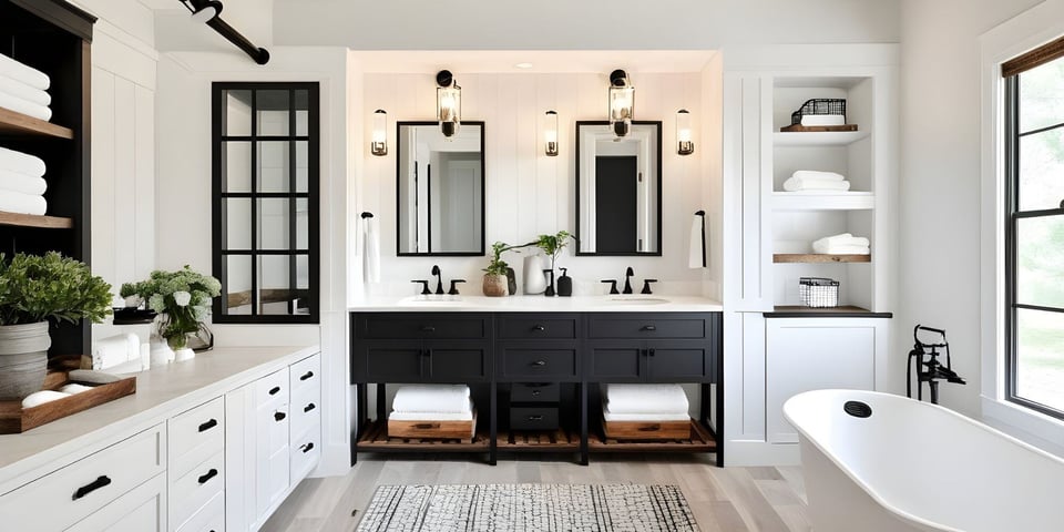 modern farmhouse luxury bathroom in austin texas custom home with double sink vanity, free standing tub, and extra storage and cabinets