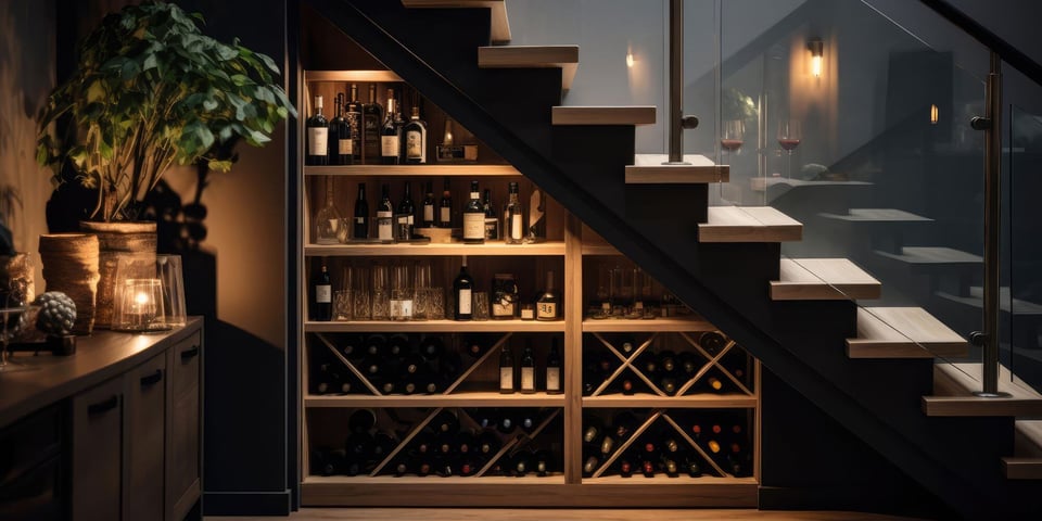 luxury wine storage with reclaimed wood under staircase in custom austin texas home