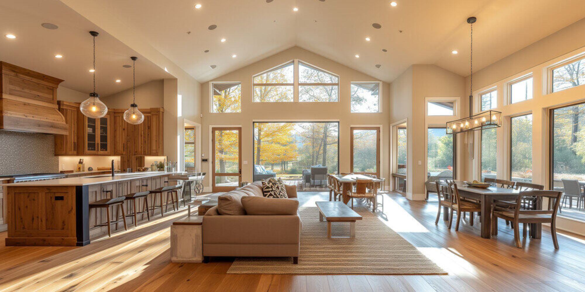 An open-concept living space with high vaulted ceilings and large windows allowing abundant natural light to fill the room.