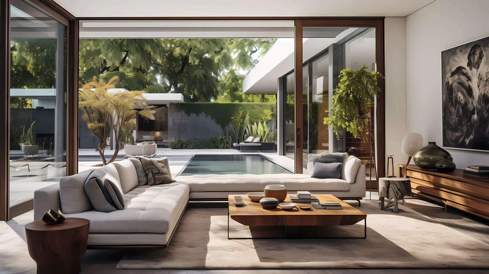 Modern living room interior with pool view by Truelux Fine Homes in Austin, Texas