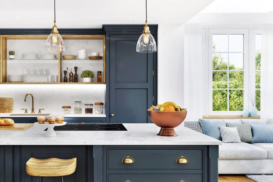 Luxury home remodel in austin, texas with dark blue cabinets and open layout