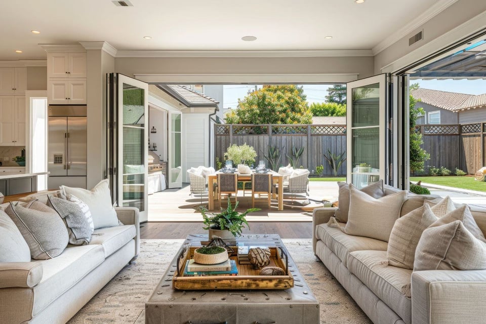 Open layout home remodel in austin, texas with wall to wall Living Room Patio Doors