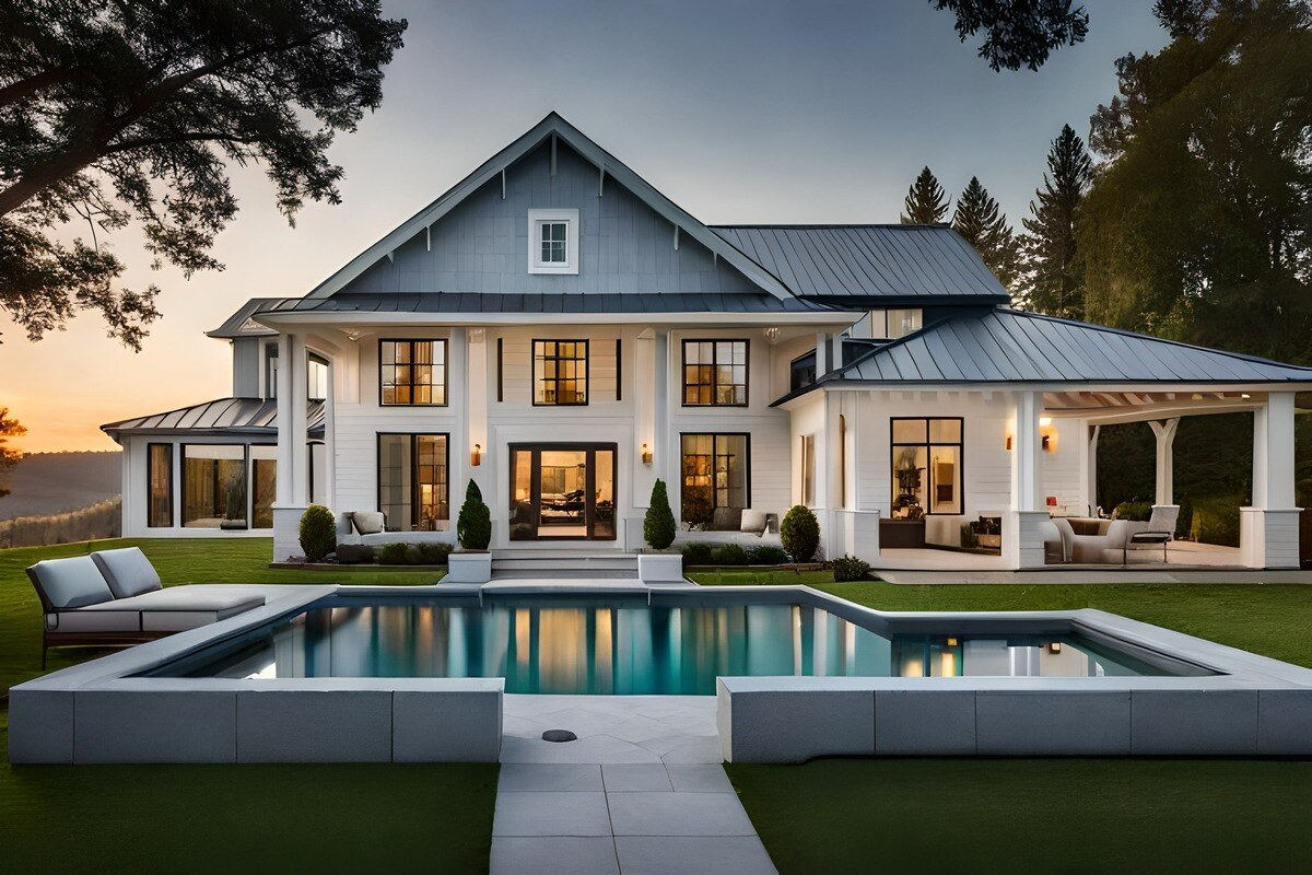 A luxurious two-story home with a classic yet modern design. The house features a light gray and white color scheme.