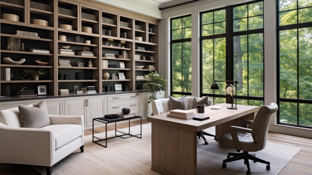 Home office remodel with built-in bookshelves