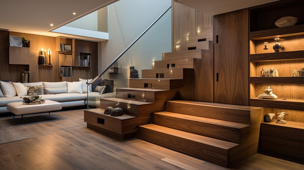 Modern living room with wood stairs and wood floors