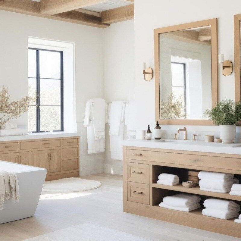 Luxury bathroom remodel with wood accents and natural light