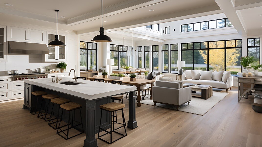 Open concept kitchen and living room with large island and floor-to-ceiling windows