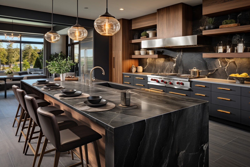 Modern kitchen remodel with black cabinets and countertops