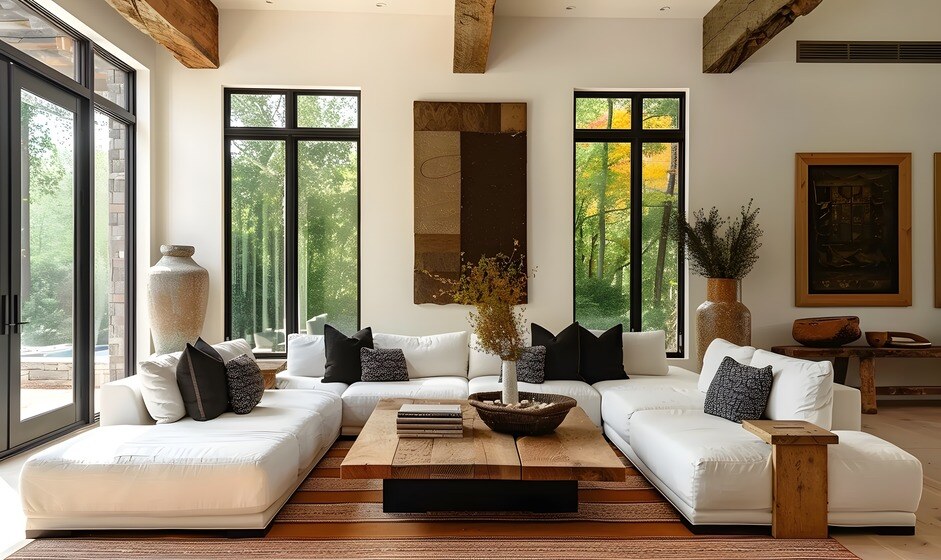 Living room remodel with wood support beams and floor-to-ceiling windows