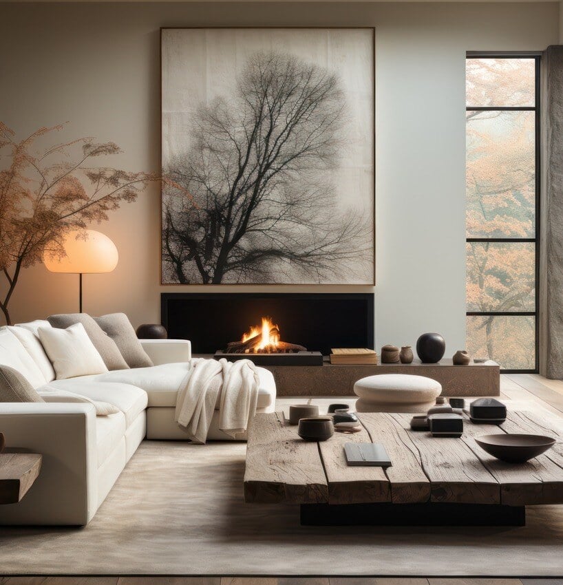 Modern living room with electric fireplace