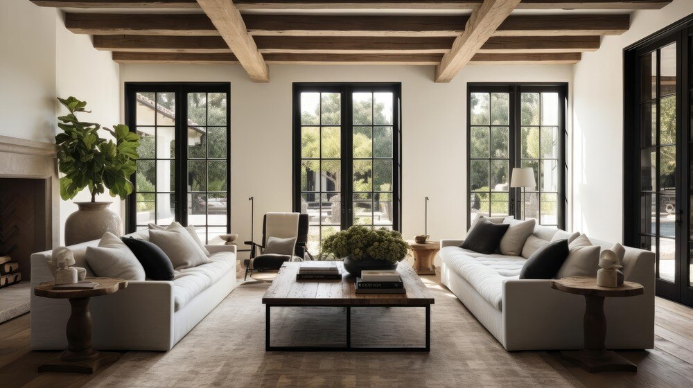 Remodeled living room with fireplace and floor-to-ceiling windows