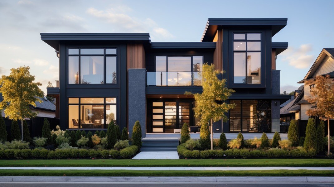 Exterior view of modern home with black siding and large windows