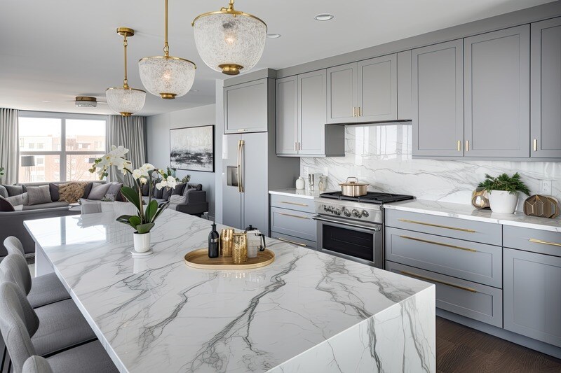 Modern kitchen with marble waterfall countertops and light gray cabinets