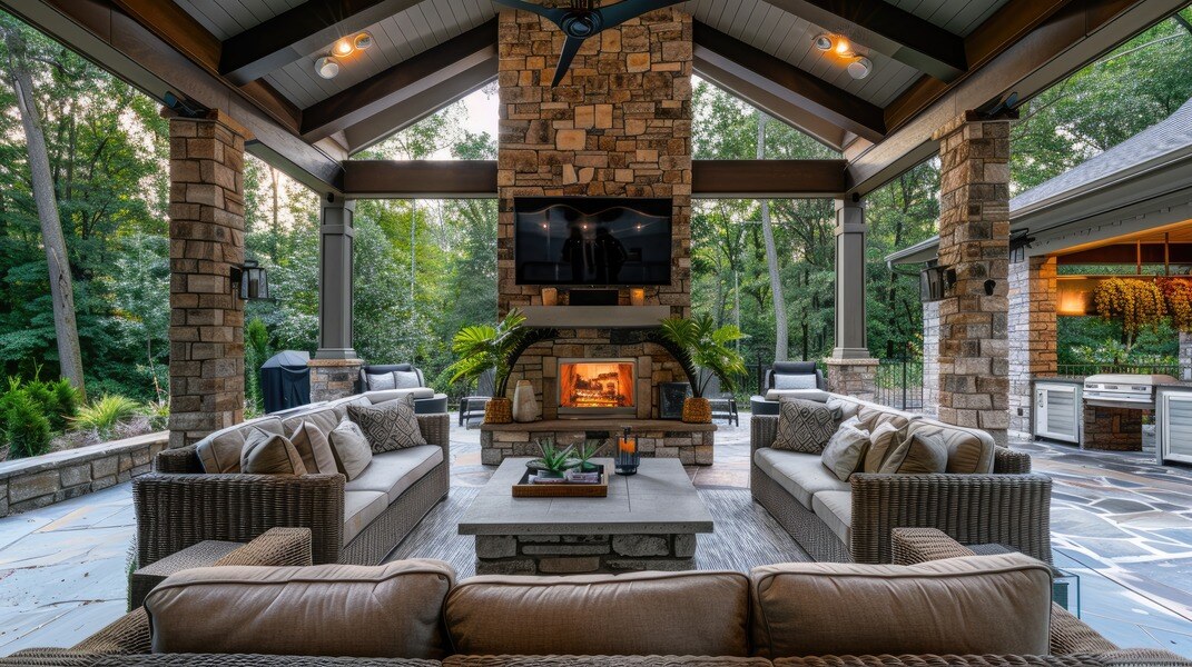 Outdoor living space with brick fireplace