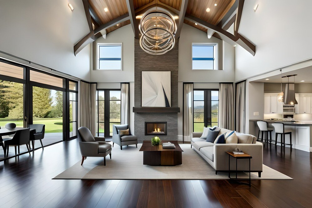 Remodeled living room with vaulted ceilings