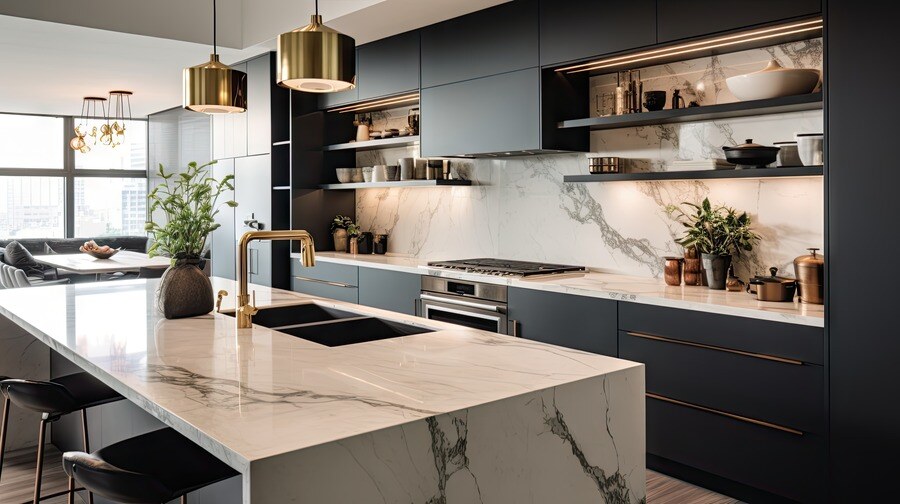 Sleek and modern kitchen remodel with waterfall countertops and black cabinets